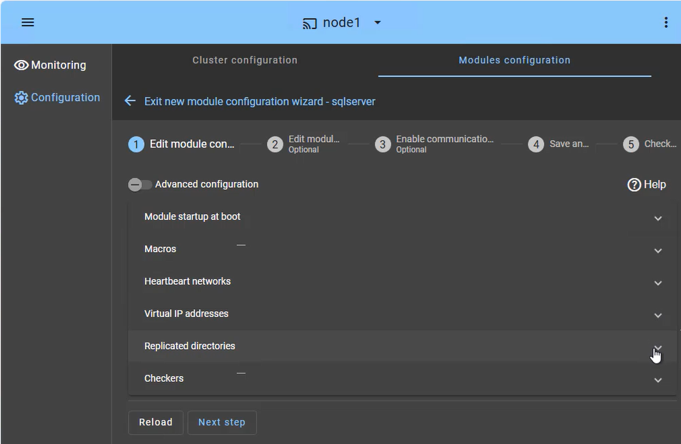 SafeKit Web Console: High Availability configuration dashboard showing heartbeat networks, virtual IP setup, and real-time directory replication for a mirror cluster.