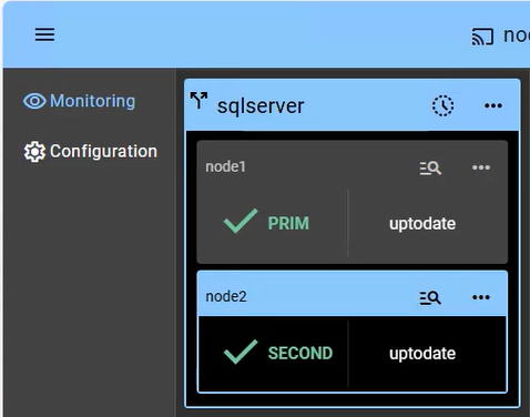 SafeKit Web Console: Real-time monitoring of a 2-node mirror cluster showing PRIM and SECOND states with active data replication.
