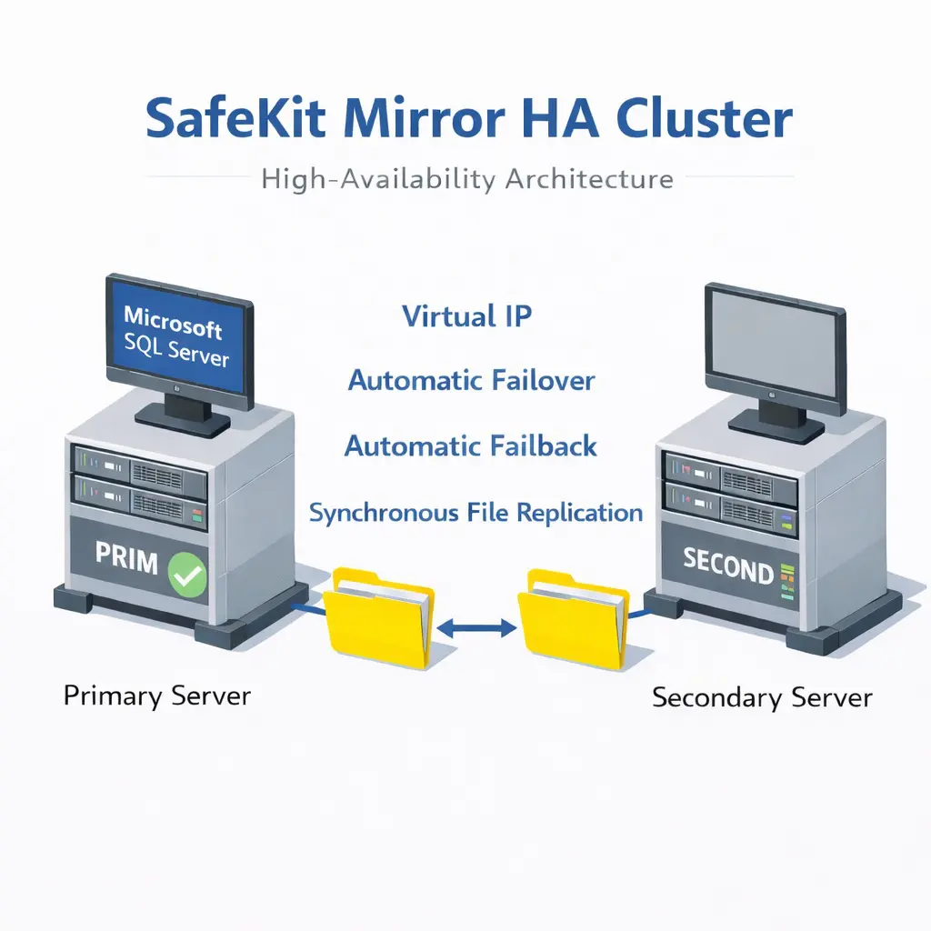 SafeKit High Availability Microsoft SQL Server Cluster Architecture providing Virtual IP, Automatic Failover, Automatic Failback, and Real-time replication